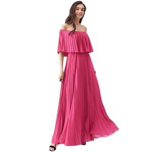 Hot Pink Women's Off Shoulder Pleated Maxi Dress - Fuchsia Flowy Boho Chic L